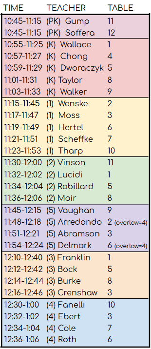 2026-2027 lunch times & tables